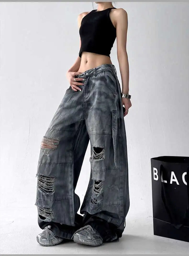 Women Jeans Pants American High Street Ripped Straight Wide-Leg Jeans For Women Design Tie-Dye Jazz Dance Cargo Full Thin Jeans