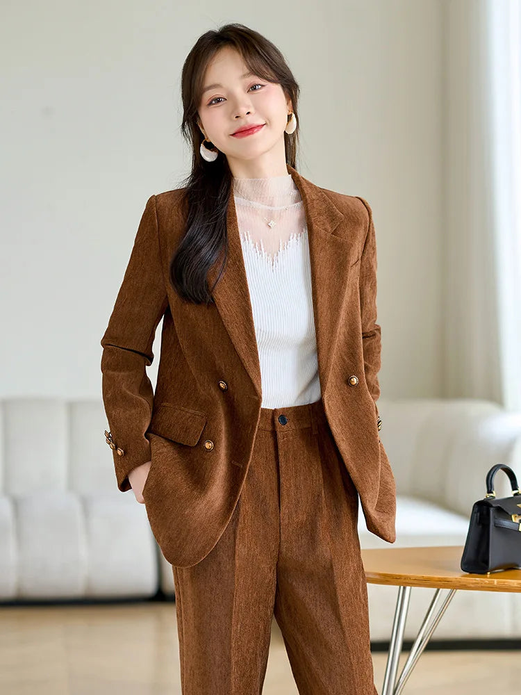 Winter Women Fashion Elegant Corduroy Pantsuit Vintage Chic Blazer Jackets and Pants Two Pieces Set Female Clothes Outfits