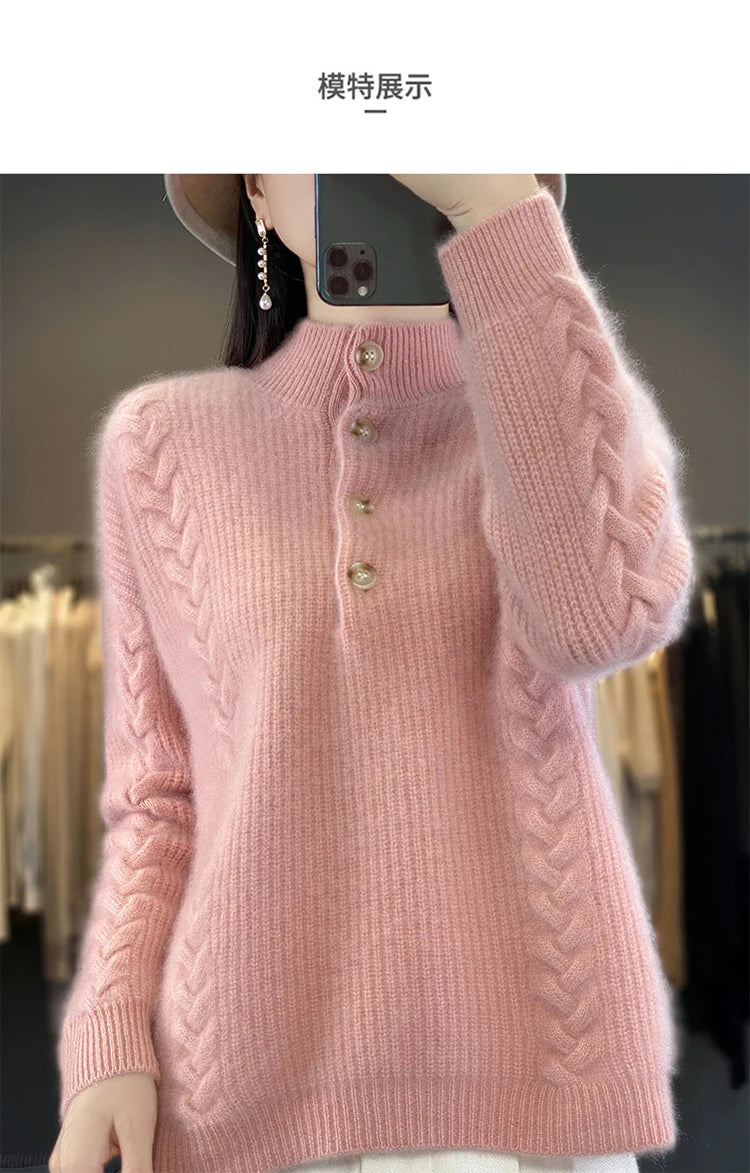 Cashmere Sweater Women's 2023 Autumn/Winter New Knitted Half High Collar Pullover 100% Wool Loose Korean Fashion Luxury Top