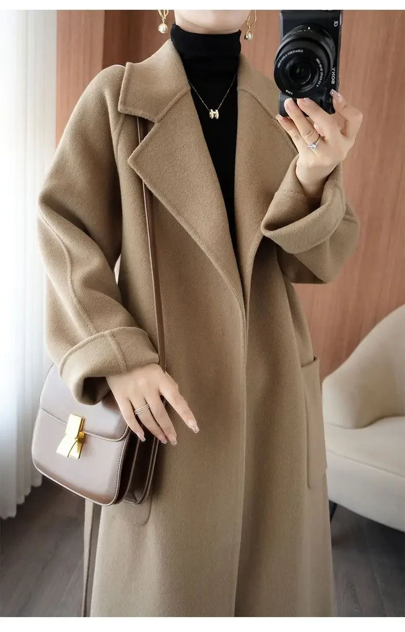 100% Wool Coat Women's Wear 2025 Autumn/Winter Fashion Temperament Double sided Cashmere Coats with Belt Elegant Long Overcoat
