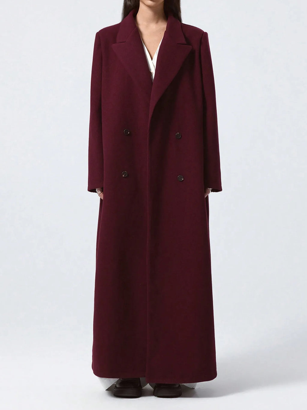 Wine-red Woolen Coat For Women, Long Autumn New Slim-fit Overcoat, Hepburn-style Knee-length Wool Coat