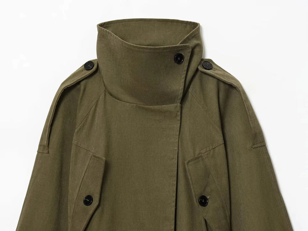 Women's 2025 Autumn New Trench Coat Style Army Green Long Sleeve Cotton Belt Decorative Trench Coat Casual Versatile jacket