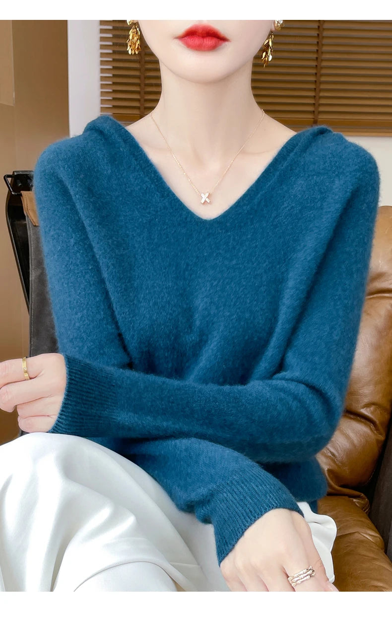 Women Autumn Winter Clothing Hooded Collar Pullover 100% Merino Wool Sweater New Fashion Cashmere Tops Bottoming Knitwear Soft