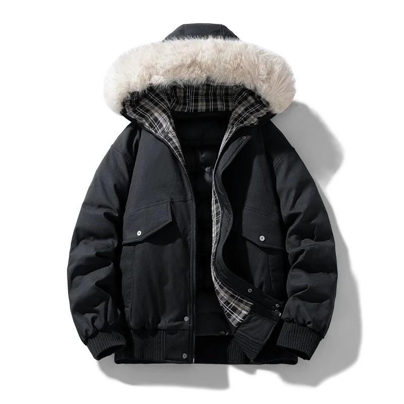 Men's Winter Jacket Woolen Collar Cotton-padded Jacket Outdoor Thickened Hooded Jacket Casual and Windproof Jacket for Teenagers