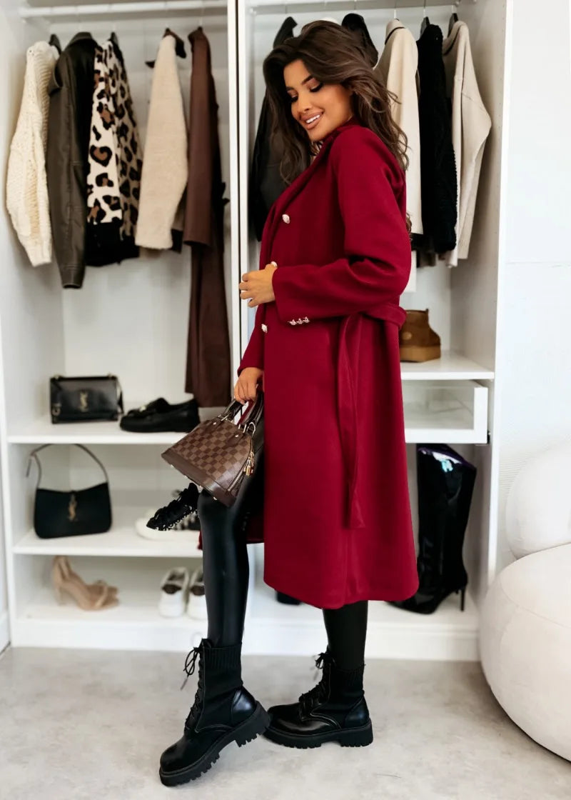 Women's Woolen Coat Autumn Winter Vintage Elegant Double Breasted Trench Coat Women Brown Long Sleeved Midi Windbreaker Jacket