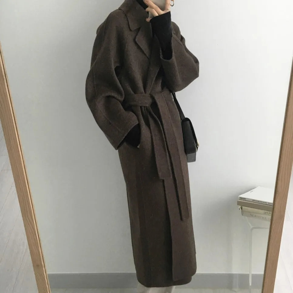 Elegant Woolen Coat Women's 2025 Autumn Winter Mid Length Adjustable Waist Thick Casual Long Sleeve Fashion Wool Coats Female