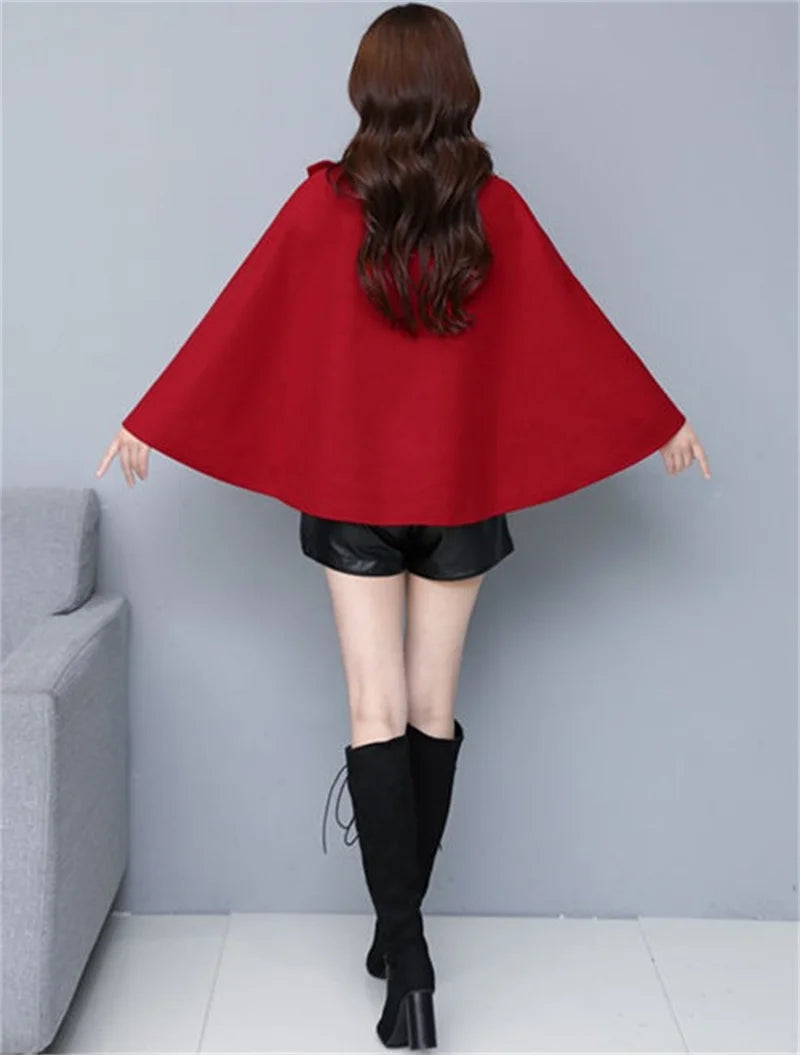 Fashion Woolen Shawl Coat For Women 2025 Autumn Winter New Woolen Jacket Short Outerwear Cape Red Black Coat Tops Female