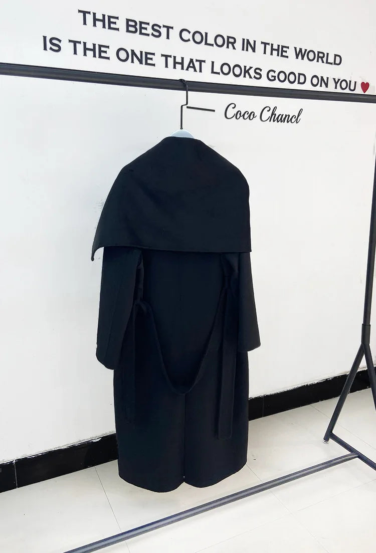 New Hand-sewn Cashmere Wool Coat Women New Mid-length Big Scarf Collar Loose Lace-up Warm Double-sided Wool Coat Fashion Winter