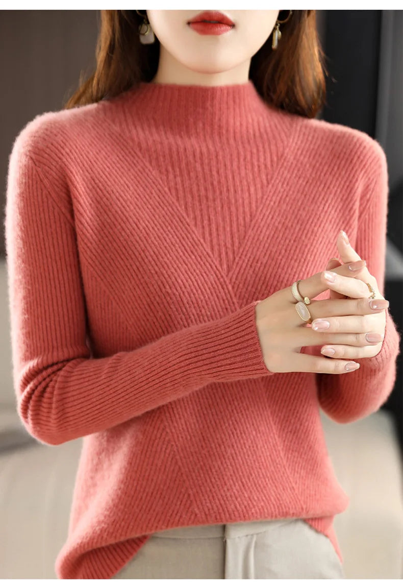 Cashmere Sweater Women Pure Color Half high collar Casual Long-sleeved Loose Pullover Cashmere Sweater Women's