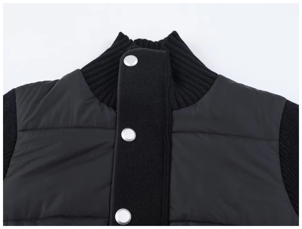 Womens Jacket Stand Collar Quilted Patchwork Knit Sleeves Casual Versatile Jacket Essential Autumn And Winter Item Trafizaran