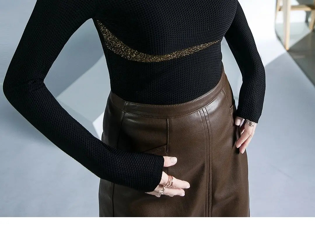 Women's Clothing Sexy See Through Mesh Patchwork Black Basic T-Shirts High Collar Elegant Chic Bright Silk Long Sleeve Slim Tops