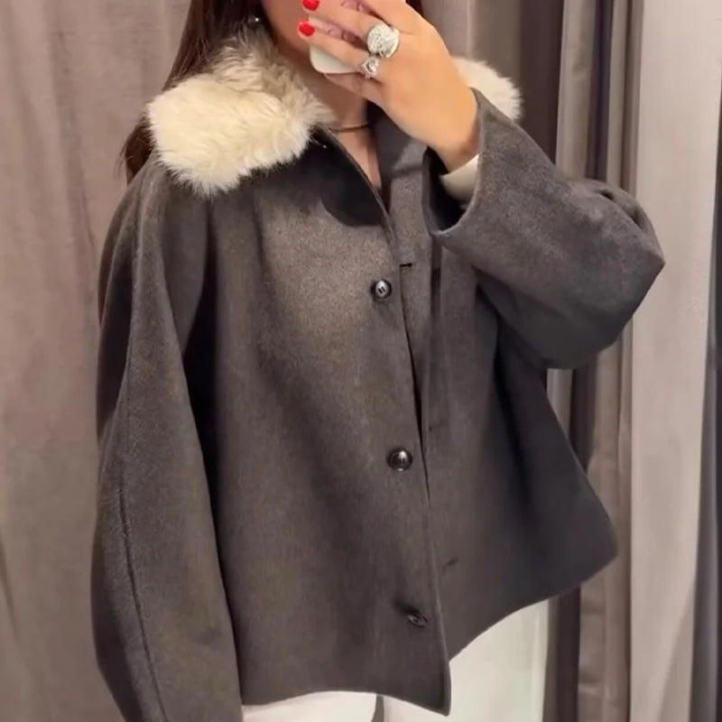 Womens Fashion Coat With Fur Collar Single Breasted Wool Coat Stylish And Versatile Suitable For Everyday And Work Wear