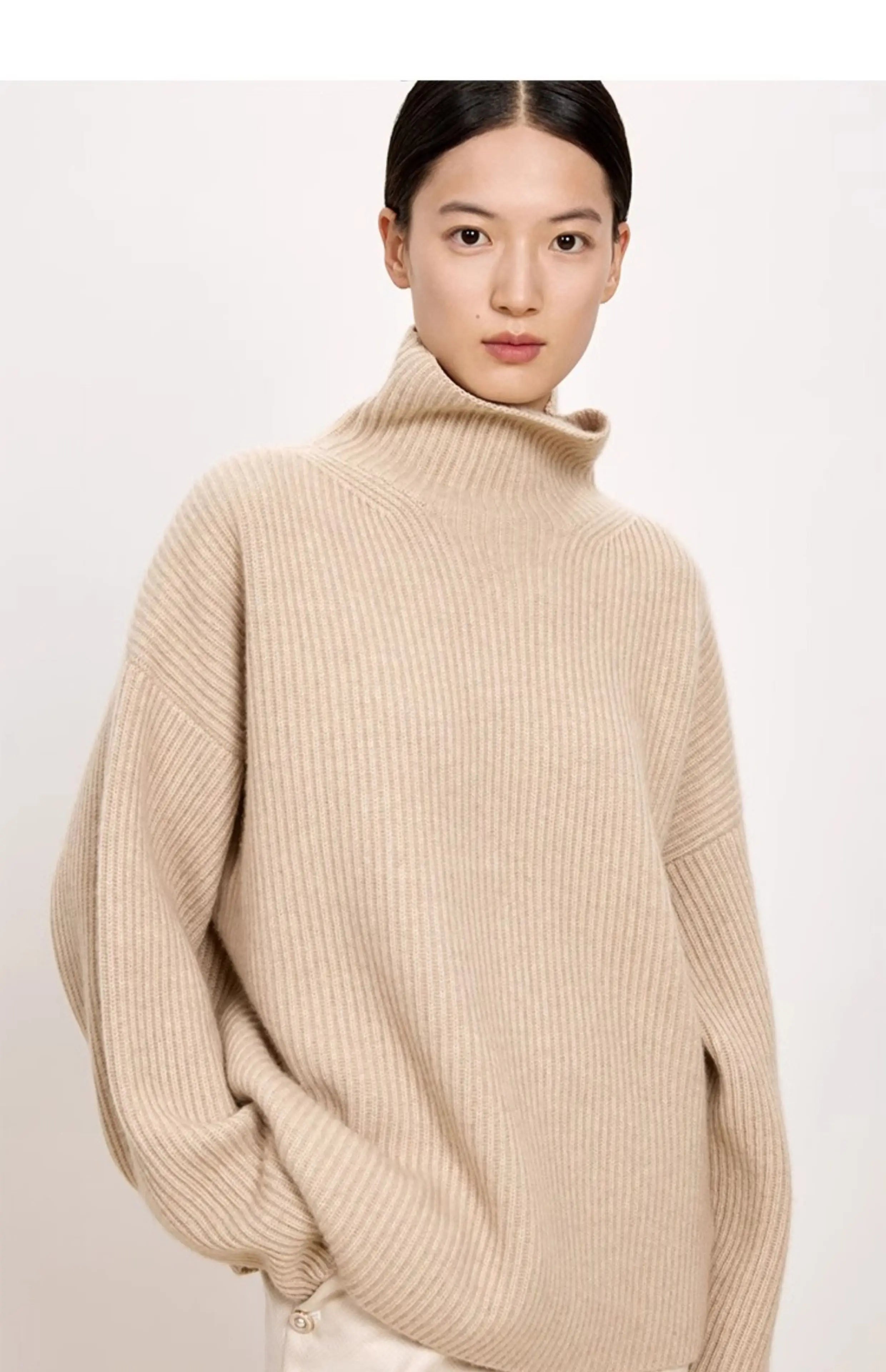 Women's High-Necked Cashmere Sweater Loose Padded Bottoming Pullover Autumn Winter Warm Lazy Wind Style 100% Pure Wool