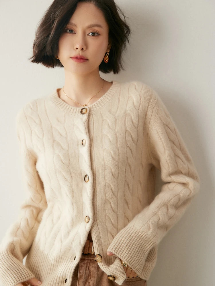 Luxury Women 100% Cashmere Sweater O-neck Cardigan Cable Knitting Thick Sweater Coat Autumn Winter Heavyweight Cashmere Clothes