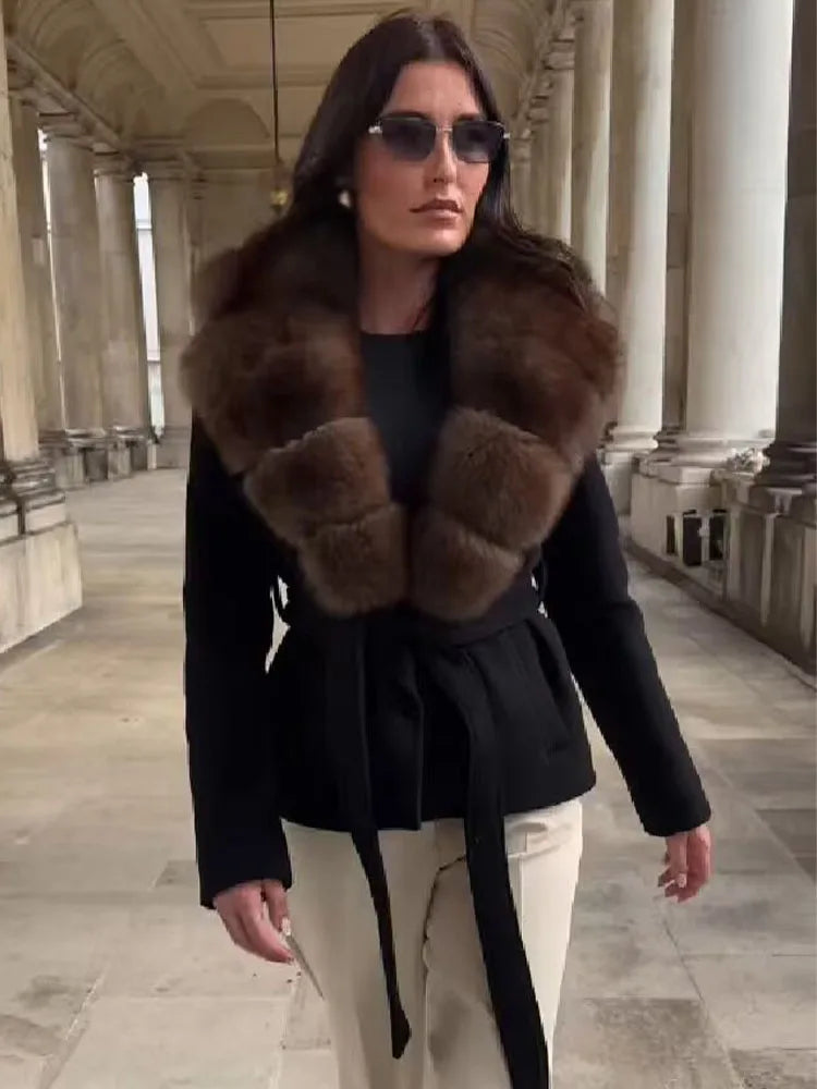 HH Women's Winter Fashion Coats Black Turn-Down Collar Long Sleeves Pockets Belt Decoration Female Elegant Slim Elegant Coat