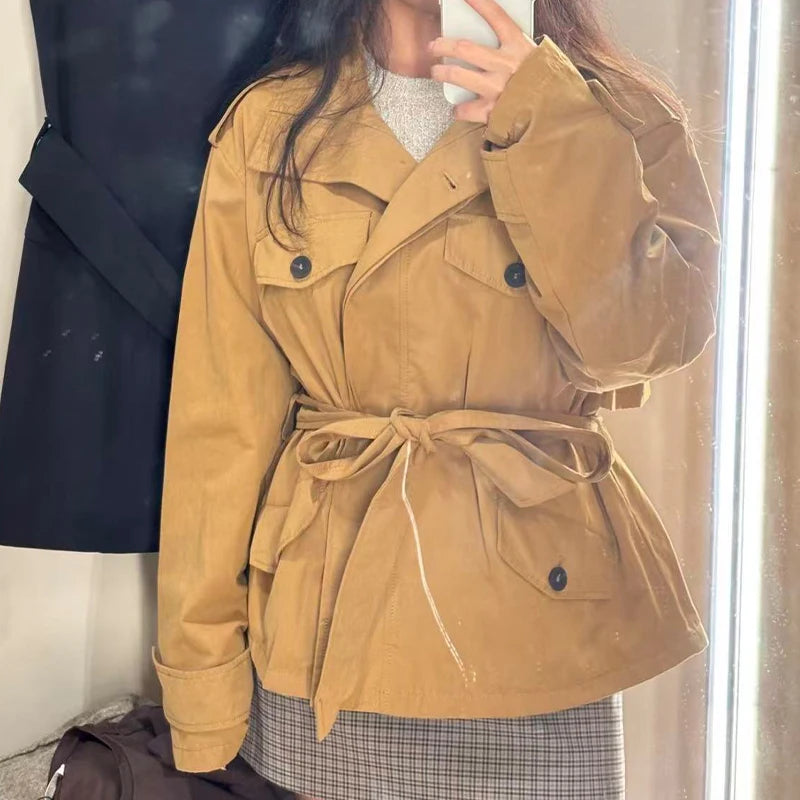Women Fashion Cinched Waist Short Workwear Jacket Stand Collar Belted Trendy And Versatile Trench Coat Casual Stylish Streetwear