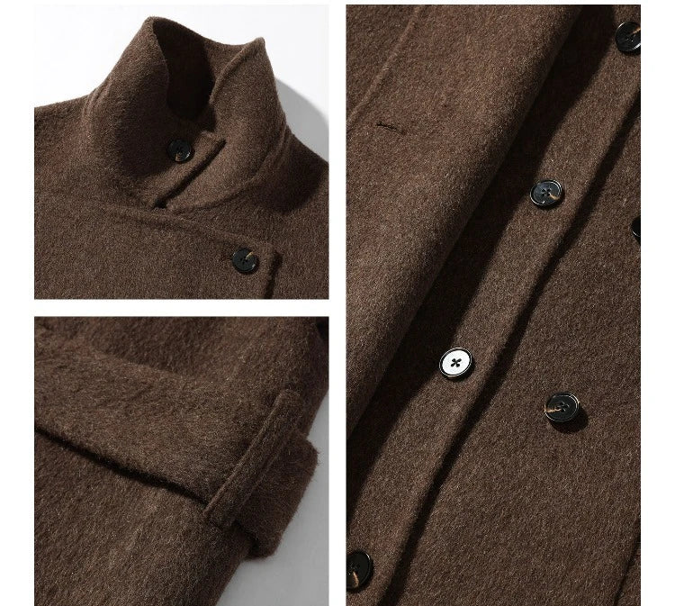 Women Elegant Wool-Like Winter Short Coat Brown Belted Jacket Warm Casual Outerwear for Lady with High Neck and Waist Tie Design