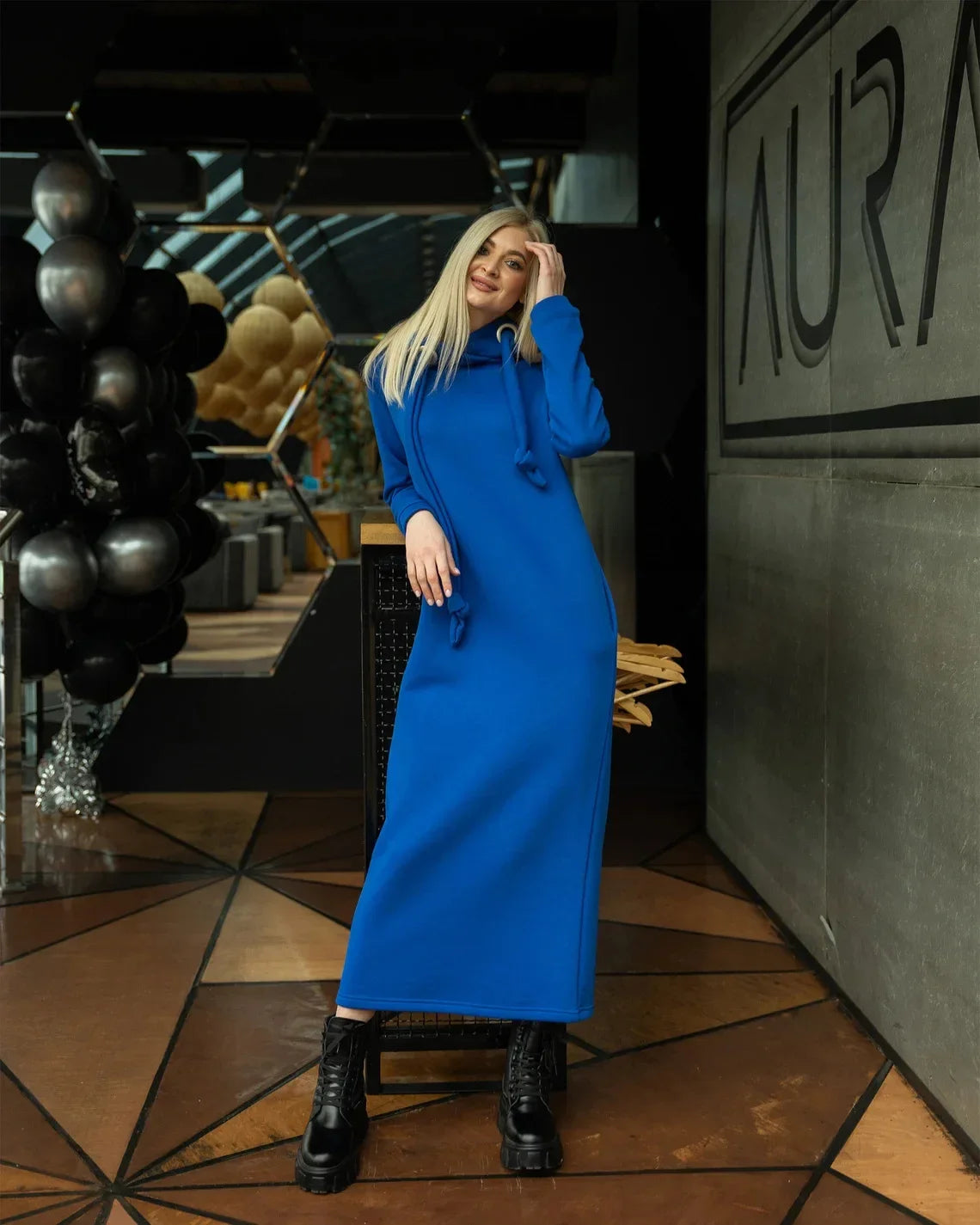 Women Fashion  New Loose Large Knitted Hooded Autumn Winter Long Dress Velvet Hoodie Dress Casual Dress Splicing Warm Dress