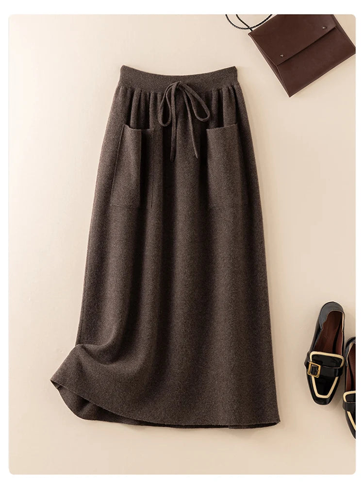 Cashmere Skirt Knitted Skirt Half Skirt, Double Pocket A-Line Skirt Skirts Plus Size Women Long Elegant Dress Women Clothing