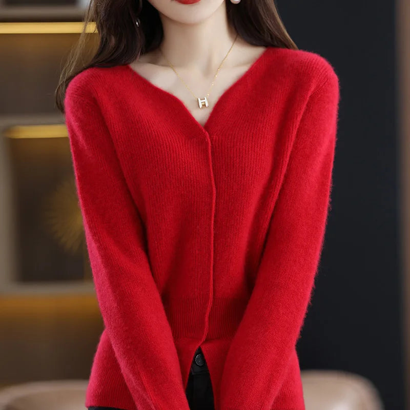 Cashmere Sweater Women's Cardigan Scissors Collar Hidden Buckle Pure Wool Sweater Autumn and Winter Coat Waist Slim Commute Top