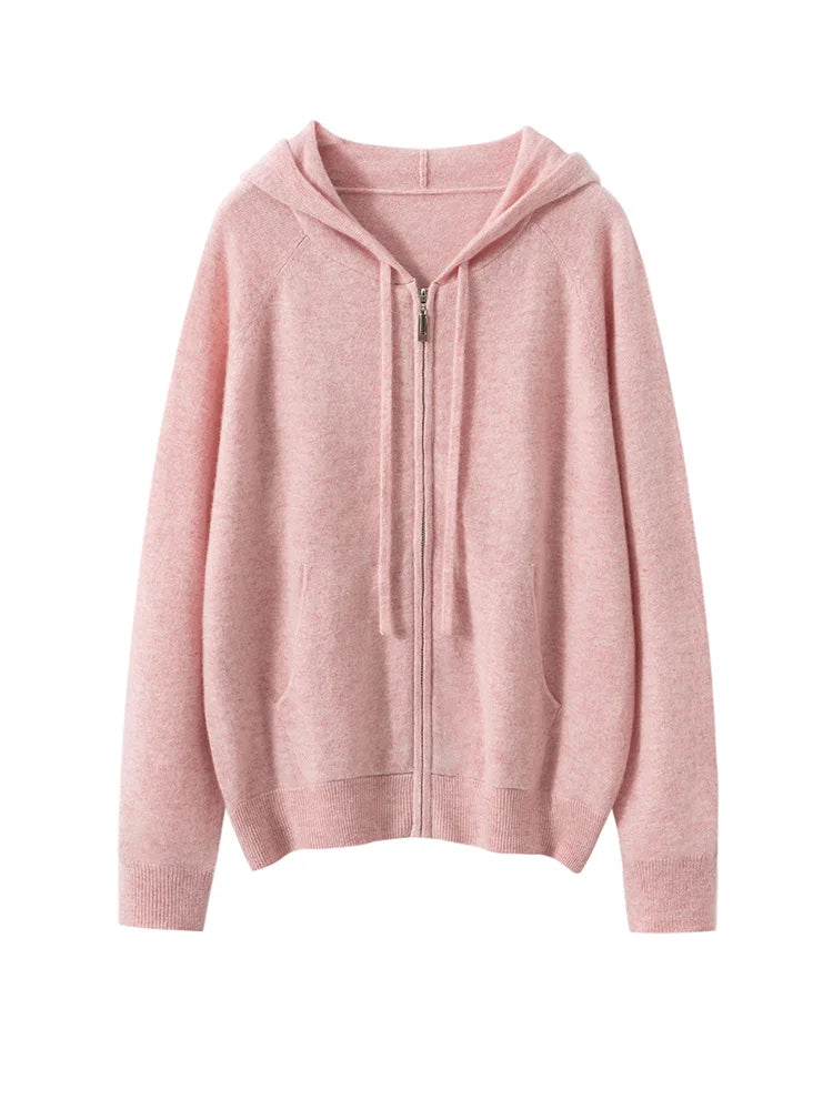 New Women 100% Cashmere Sweater Hooded Zipper Cardigan Cashmere  Autumn Winter Soft Long Sleeve Casual Simple Style Clothing Top