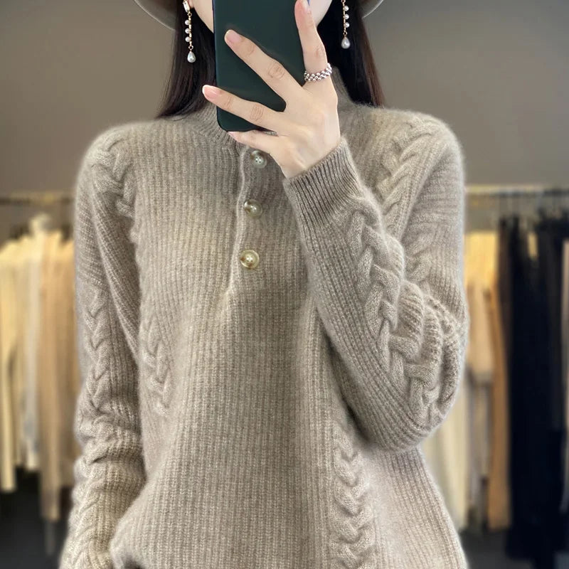 Cashmere Sweater Women's 2023 Autumn/Winter New Knitted Half High Collar Pullover 100% Wool Loose Korean Fashion Luxury Top