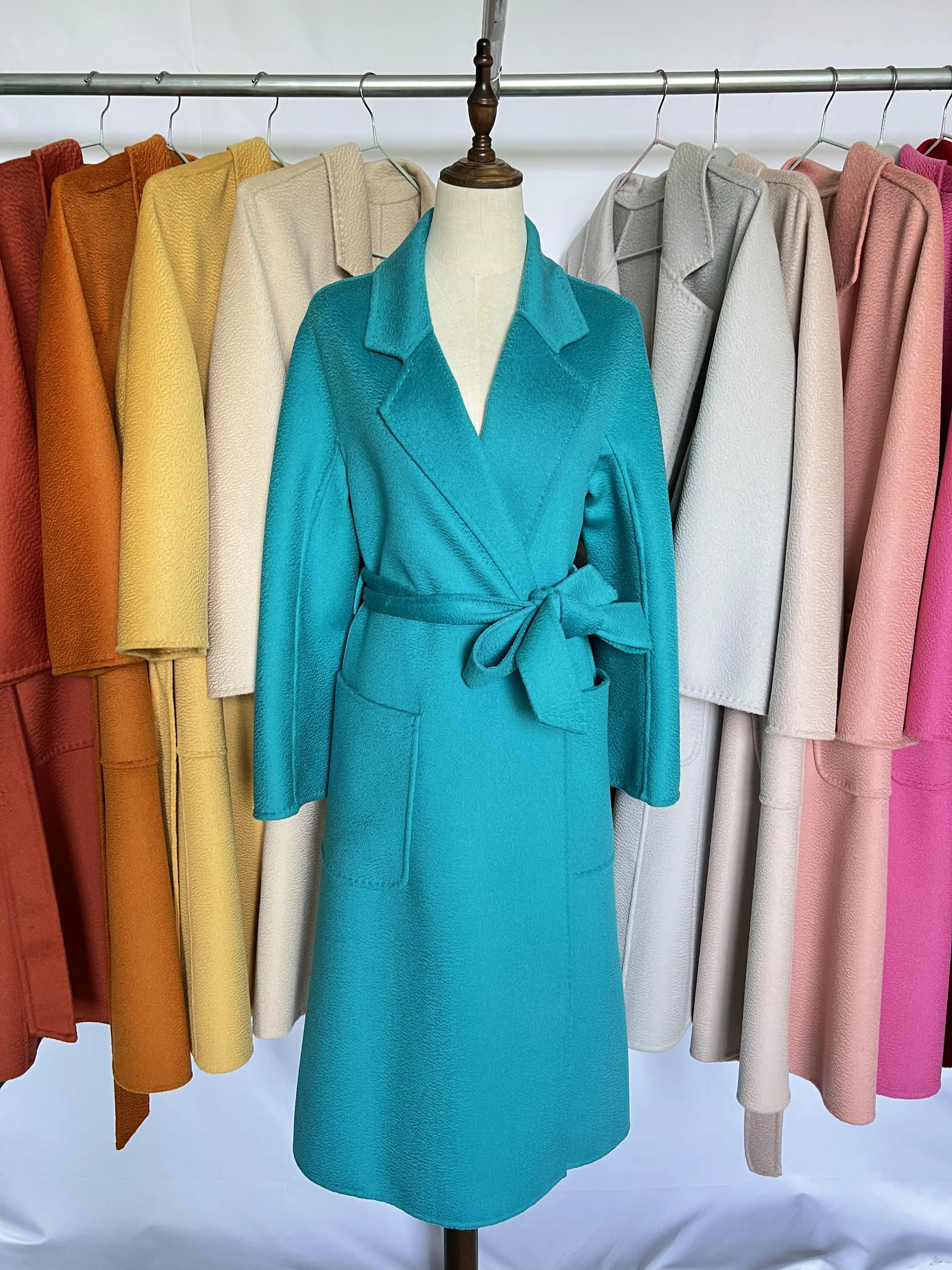 Cashmere Coat Female Winter Mid-Length Corrugated Coat Black Wool Coat Woman Autumn New Casual Fashion Red Beige Lace-Up Coat