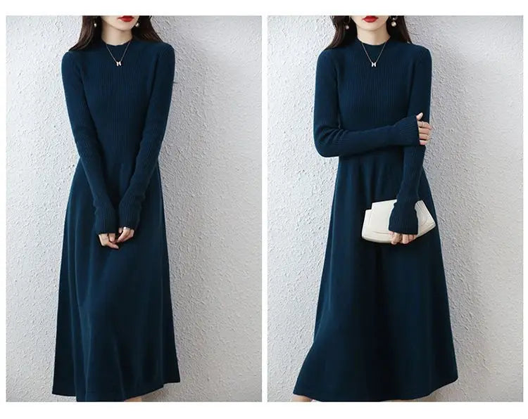 Wool Dress Long Cashmere Waist Over Knee Knit Sweater Skirt Elegant and Fashionable Women's Clothing in Autumn and Winter