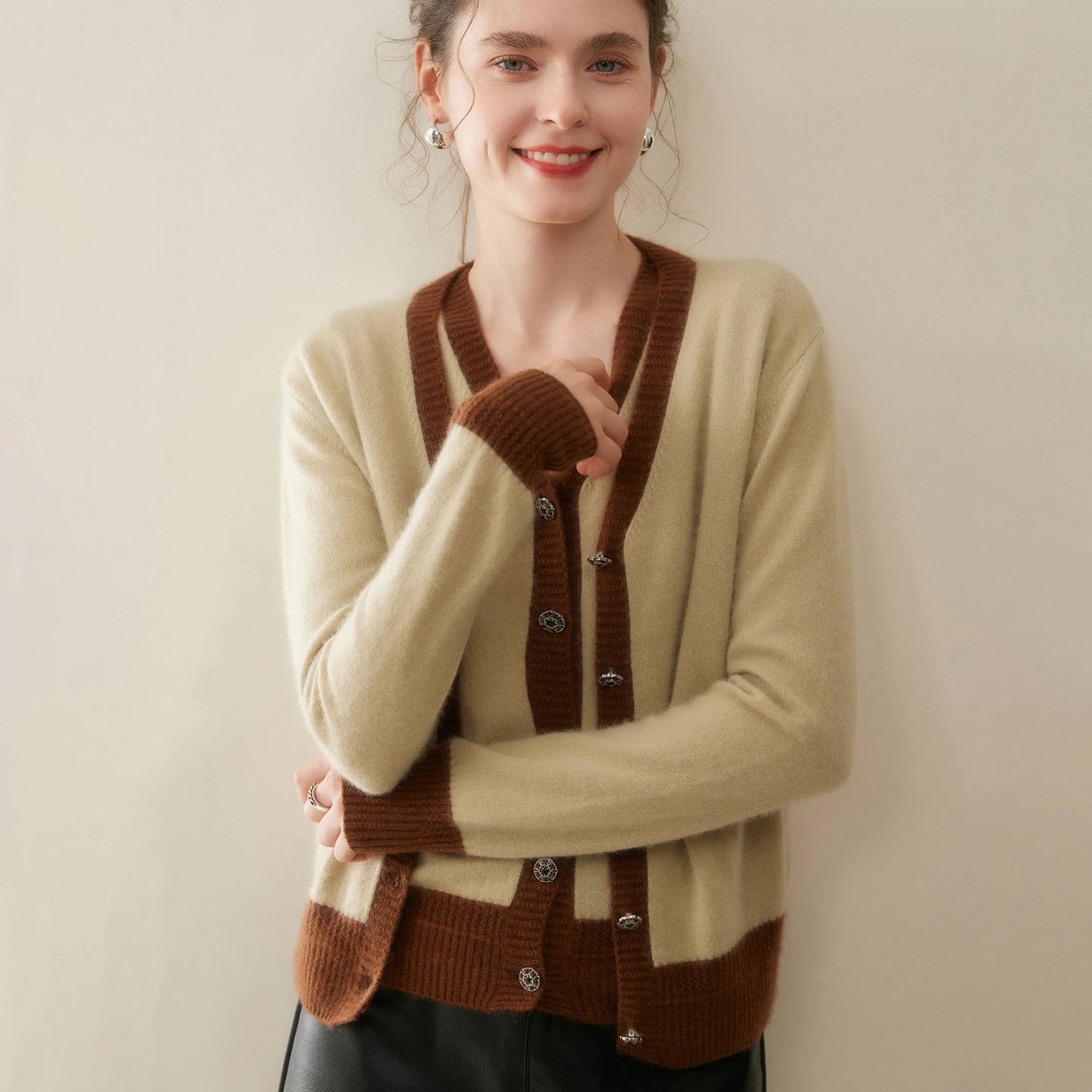 Women Cashmere Sweater V-neck  Cardigan and Vest Set Spring Autumn Winter 100% Cashmere Knitwear Long Sleeve Top Waistcoat Suit
