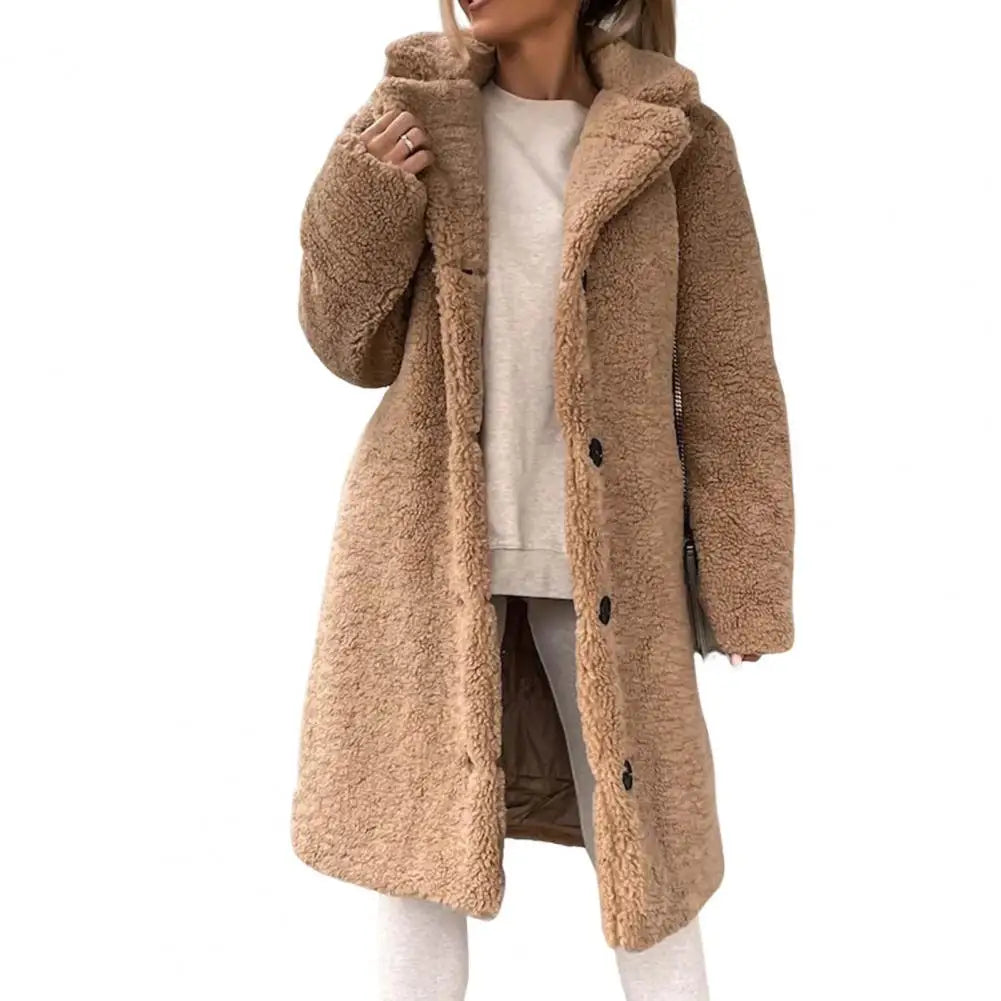 Trendy Women Overcoat Autumn Winter Women Trench Coat Long Style Pure Color Single-breasted Teddy Jacket  Windproof