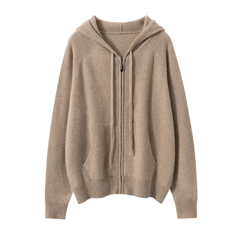New Women 100% Cashmere Sweater Hooded Zipper Cardigan Cashmere  Autumn Winter Soft Long Sleeve Casual Simple Style Clothing Top