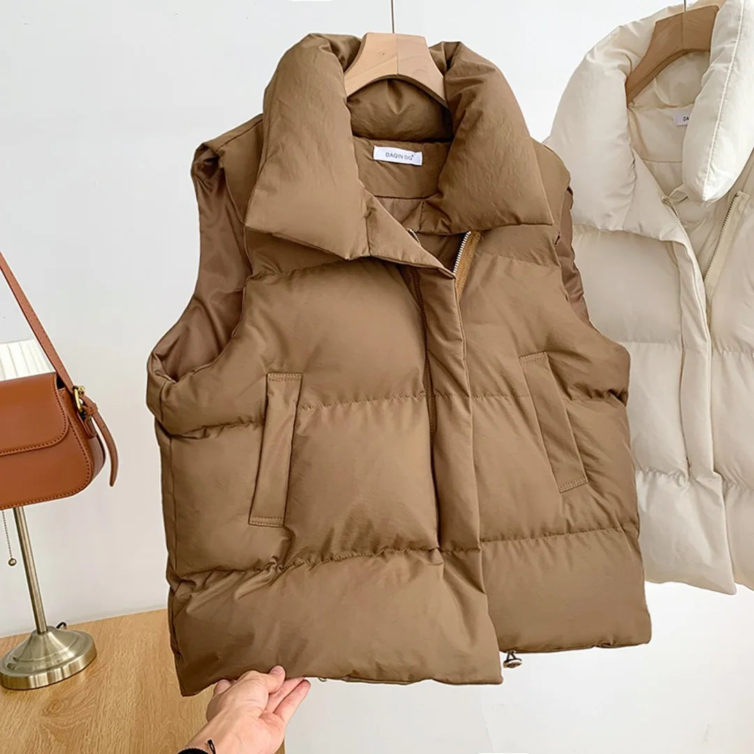 Women's Winter Short down Sleeveless Vest Warm Stand Collar Zipper Jacket Casual Fashion Quilted Cropped Coats Street Outerwear