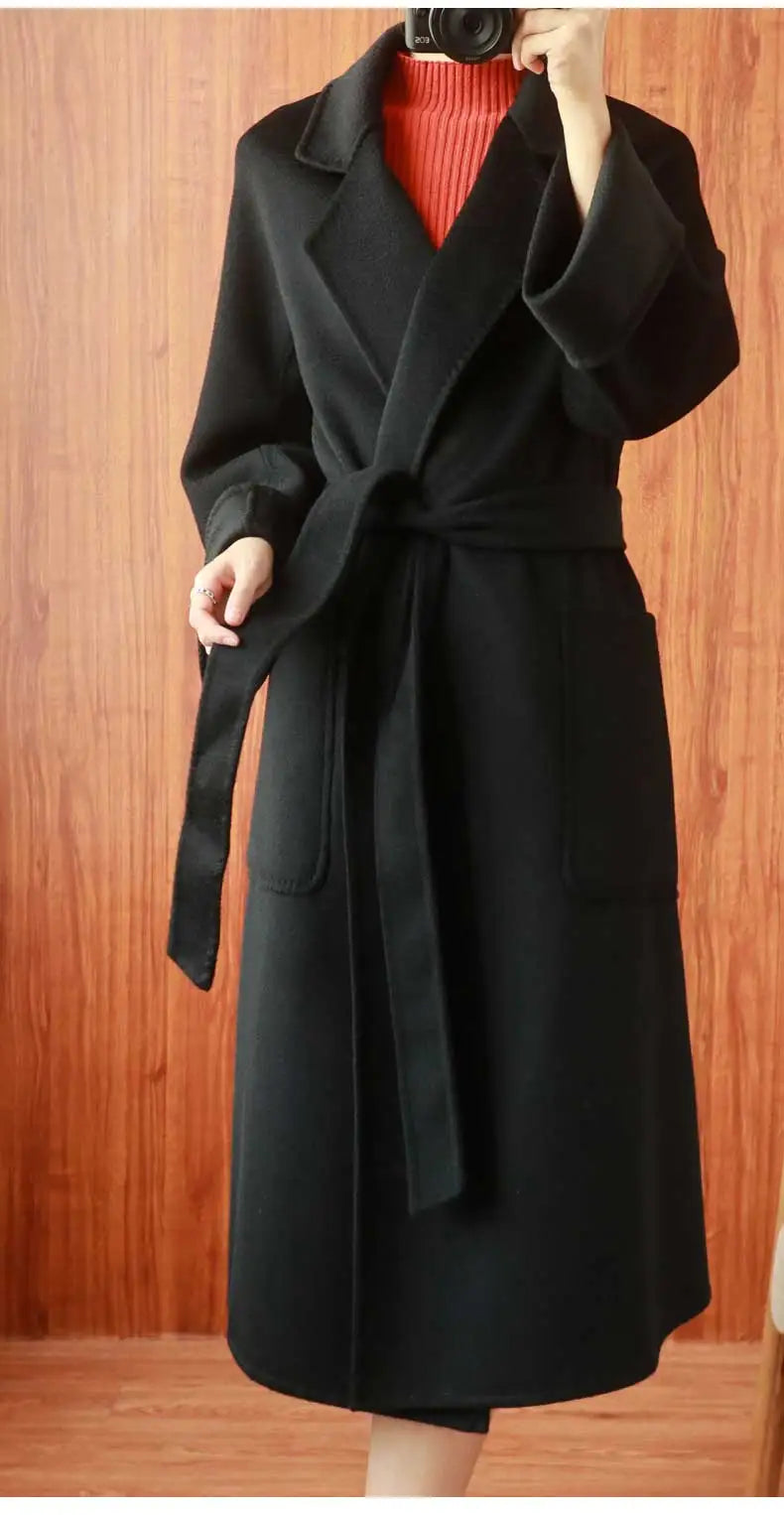 Women Double-Sided 20% Cashmere Wool Coat Jacket Women Long Beautiful Woolen Winter Autumn Warm Fashion Water Ripple Cloak