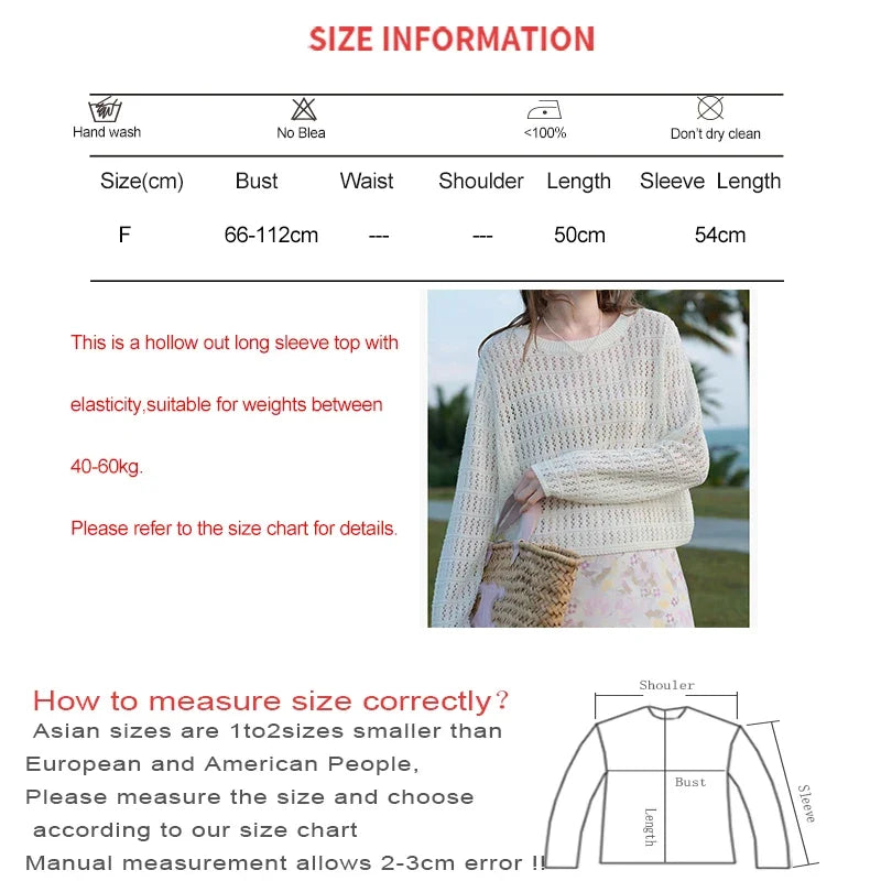 ITOOLIN Summer Women Long Sleeve Loose Casual Top Hollow Out Sexy Knit Shirt Beach Solid Y2k Pullovers Streetwear T-shirt 2024