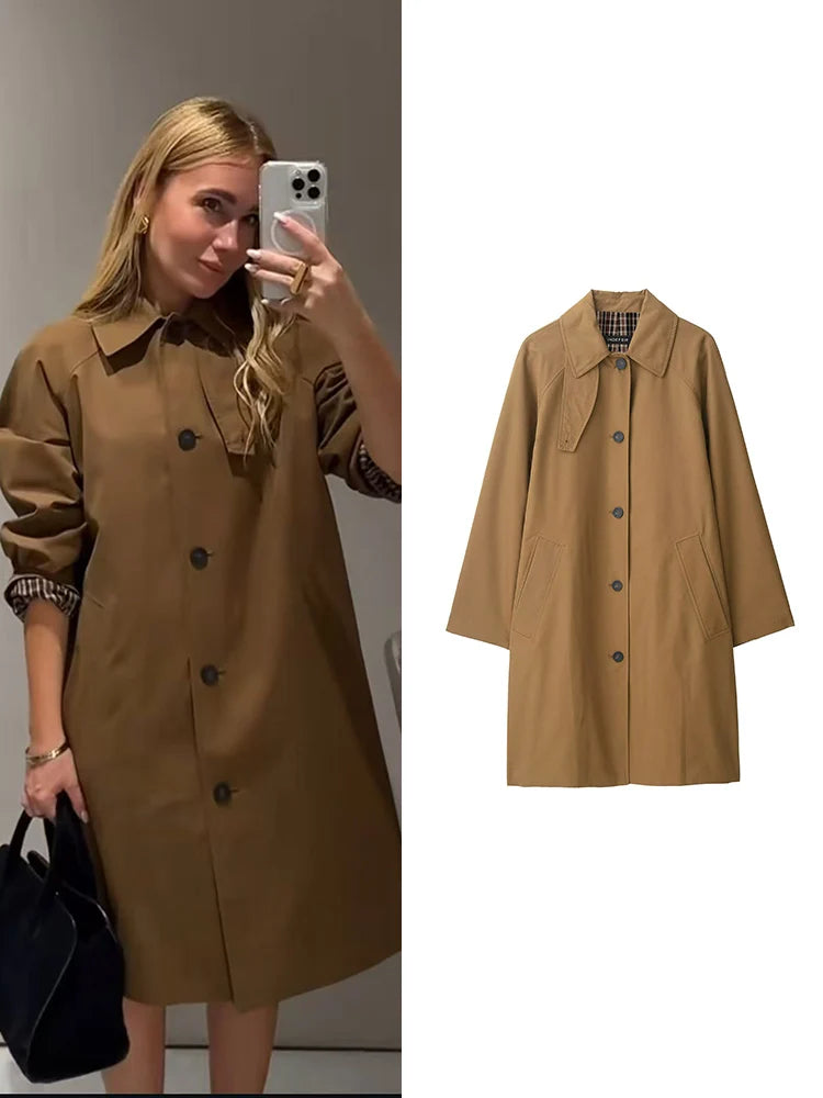 2025 New Women Mid-length Trench Coat Solid Single-Breasted Stand Collar Classic Windbreaker Female Casual Chic Outerwear