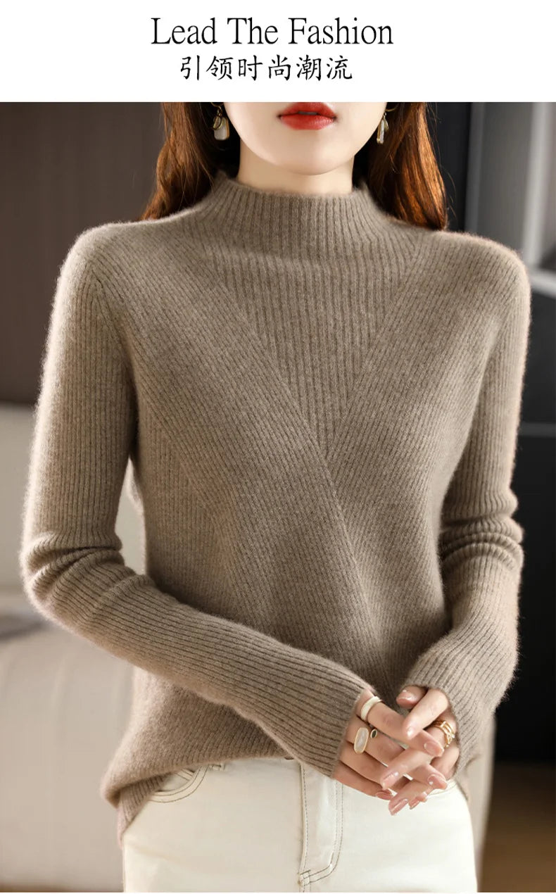 Cashmere Sweater Women Pure Color Half high collar Casual Long-sleeved Loose Pullover Cashmere Sweater Women's