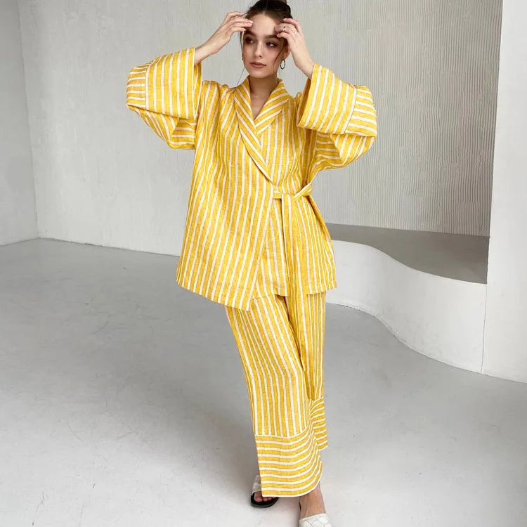 Women's Clothing 2025 Autumn New Striped Long-sleeved Loose Lace Top High Waist Trousers Fashionable Casual Suit