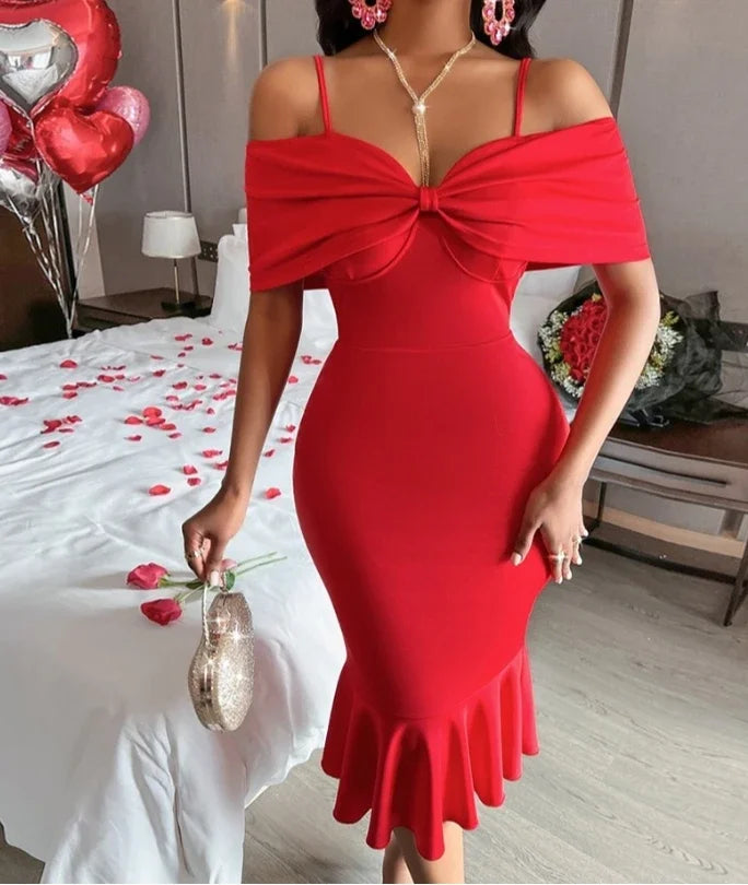 Fashion Women's Dresses 2025 Spring Elegant Off Shoulder Spaghetti Strap Fishtail Midi Bodycon Bowknot Design Sexy Party Dress