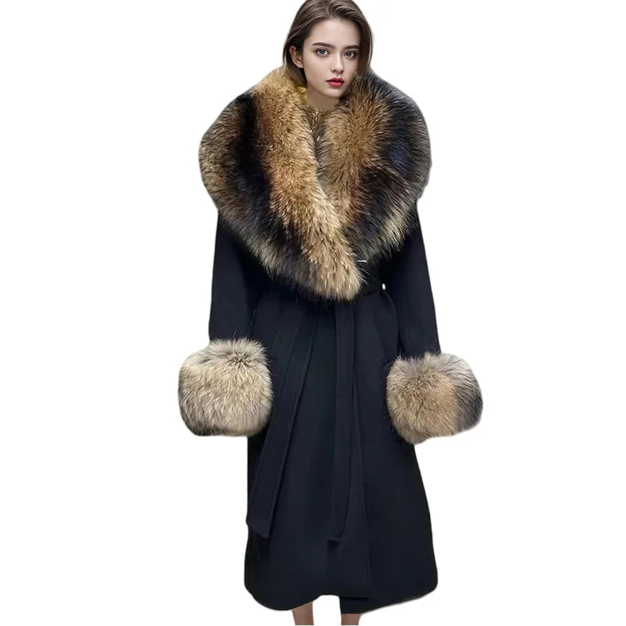 Cashmere Wool Coat For Women Raccoon Fur Coat Long Cashmere Fur Jacket With Real fur Collar Cuffs  Black Genuine Woolen Coats