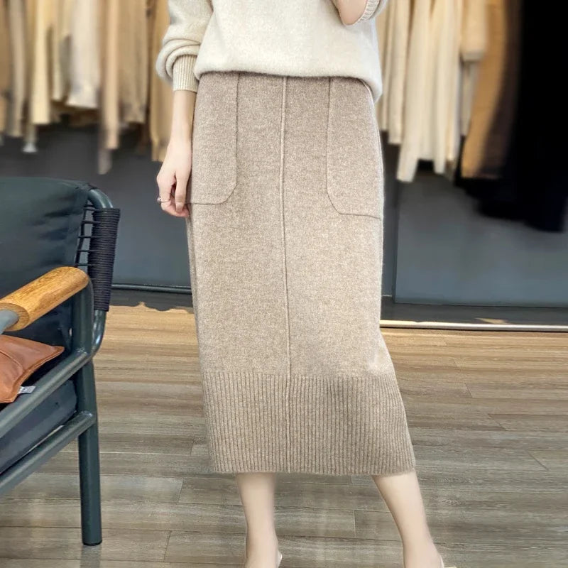 Women's Knitted Cashmere Skirt Double Pocket 100% Pure Wool Commuter Joker Straight Skirt for Autumn Winter New