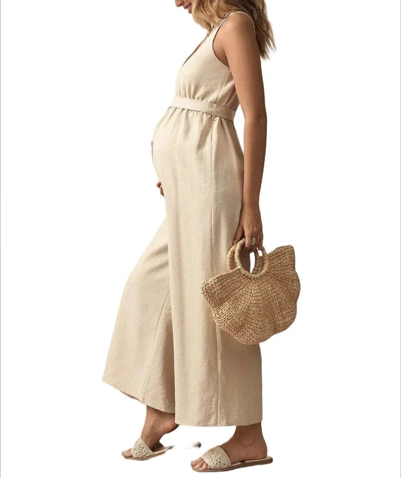 Maternity Clothes 2025 Dress for Pregnant Women V-neck Sleeveless Pregnancy Pants Belt Casual Loose Long Overalls Clothing
