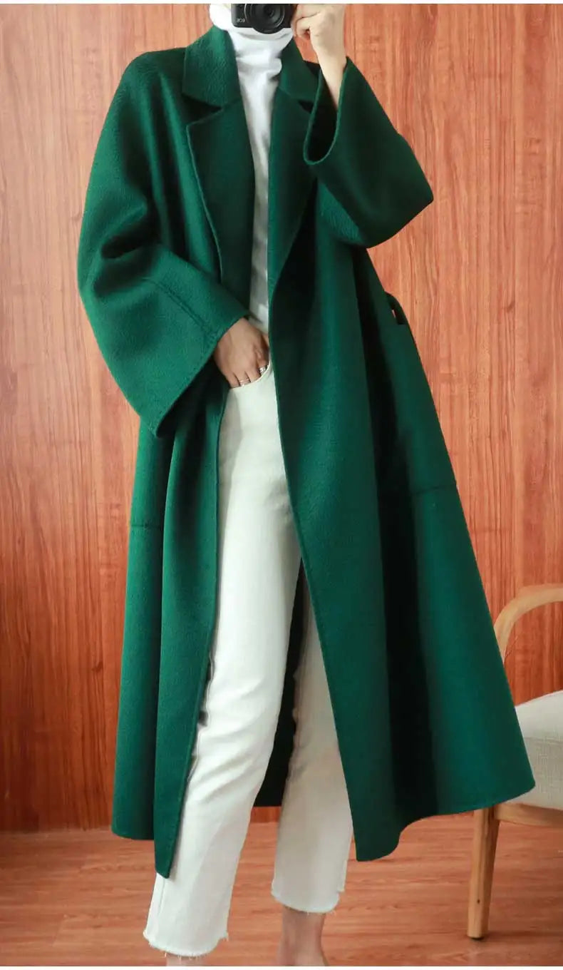 Women Double-Sided 20% Cashmere Wool Coat Jacket Women Long Beautiful Woolen Winter Autumn Warm Fashion Water Ripple Cloak