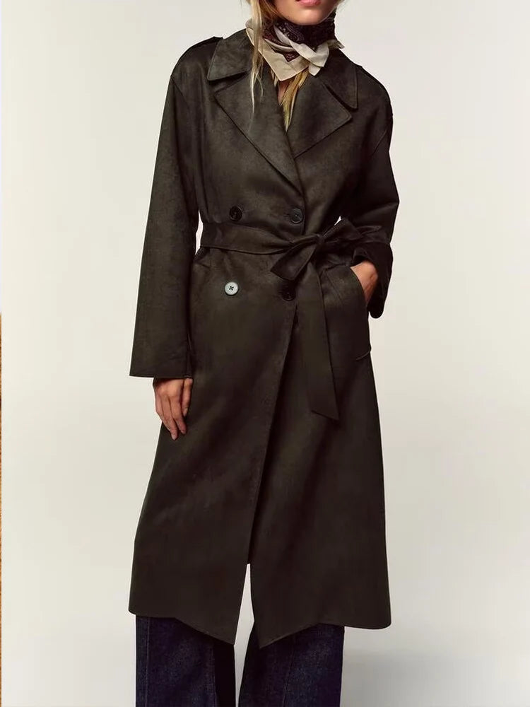 European style new women's fashionable and versatile solid color long trench coat with belt and suede effect.