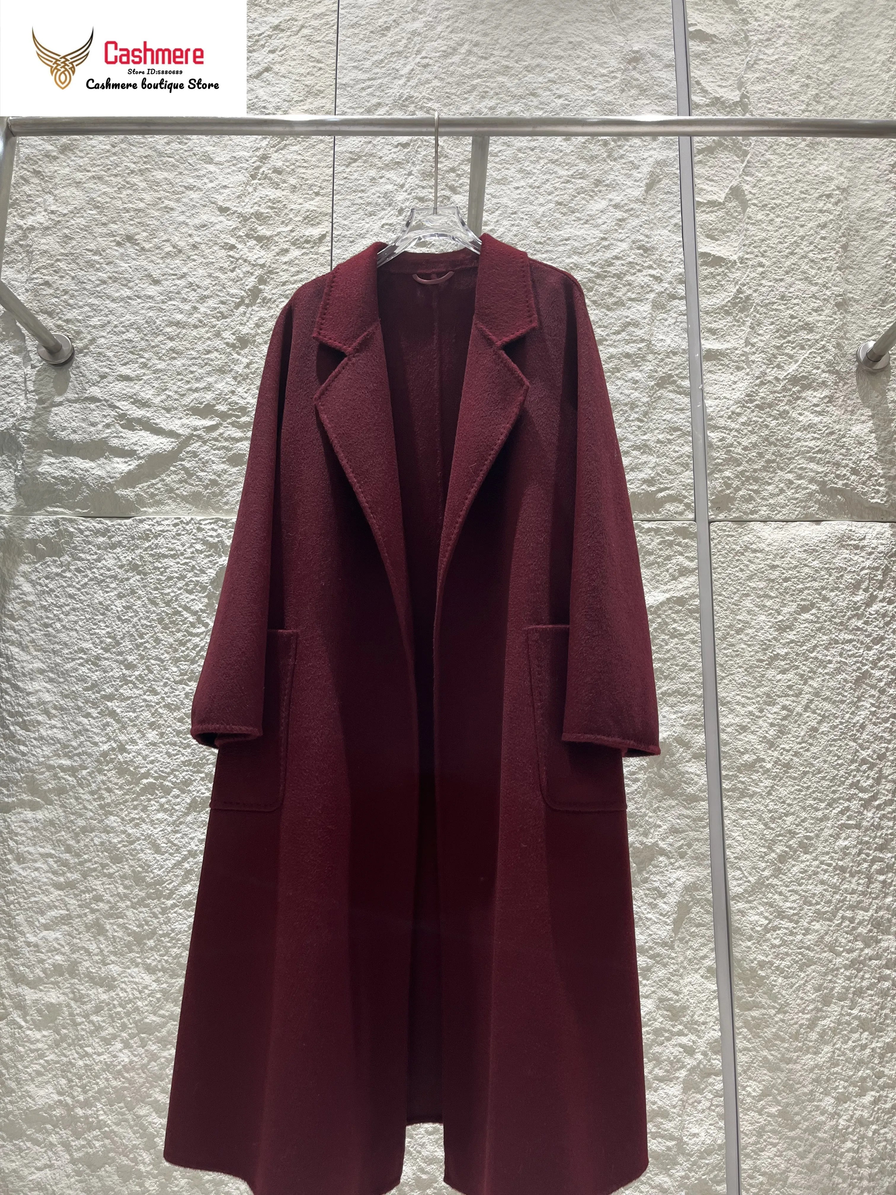 Cashmere Coat Female Winter Mid-Length Corrugated Coat Black Wool Coat Woman Autumn New Casual Fashion Red Beige Lace-Up Coat