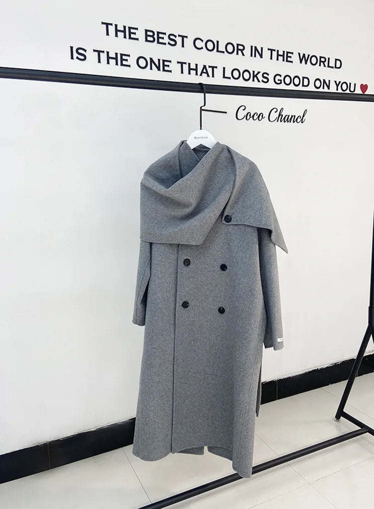 New Hand-sewn Cashmere Wool Coat Women New Mid-length Big Scarf Collar Loose Lace-up Warm Double-sided Wool Coat Fashion Winter