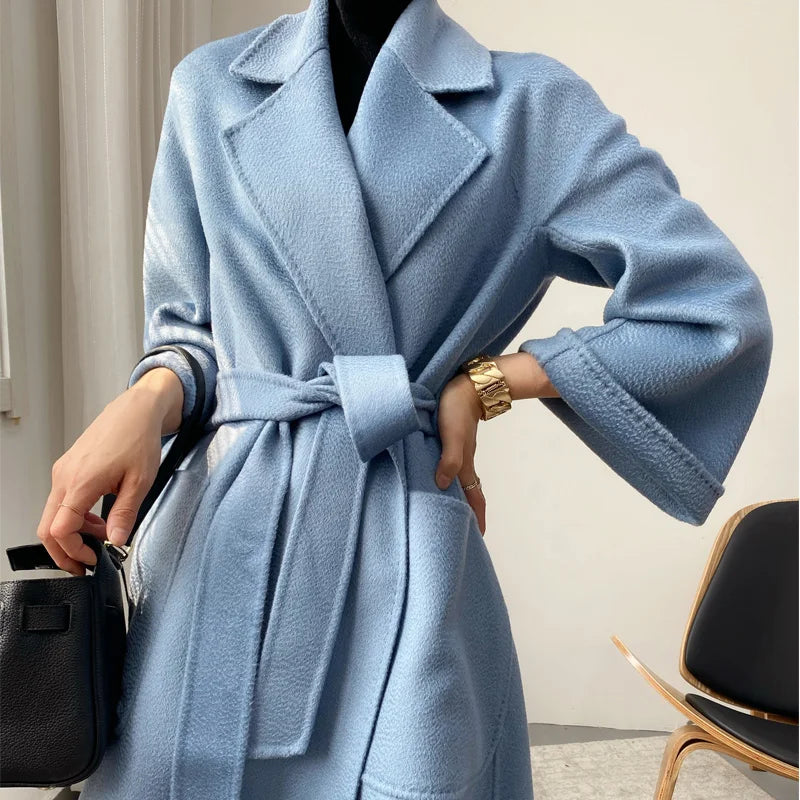 Women Double-Sided 20% Cashmere Wool Coat Jacket Women Long Beautiful Woolen Winter Autumn Warm Fashion Water Ripple Cloak