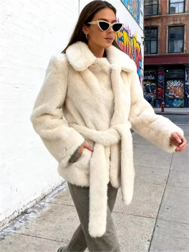 HH Winter Elegant Women Belted Artificial Fur Effect Coat Female Single Breasted Long Sleeve Loose Warm Faux Fur Jacket Outwear