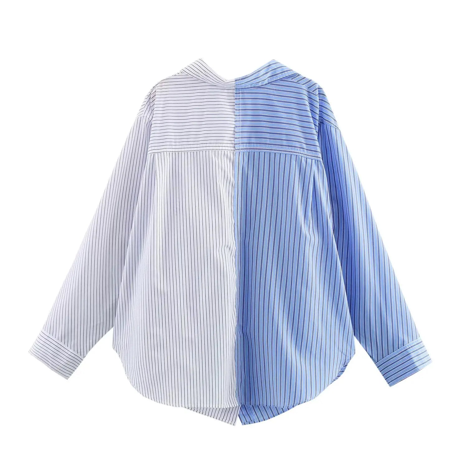 HH Women Elegant Commuter Shirt Splicing Loose Striped Single-breasted Lapel Blouse Female Spring Casual Long-sleeved Top