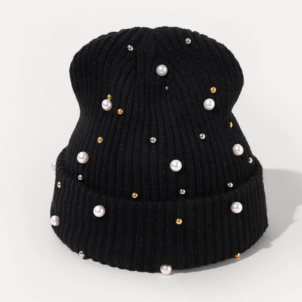 New Autumn And Winter Woolen Hat For Women, Fashionable Pearl Embellishment, Winter Warm Knitted Hat