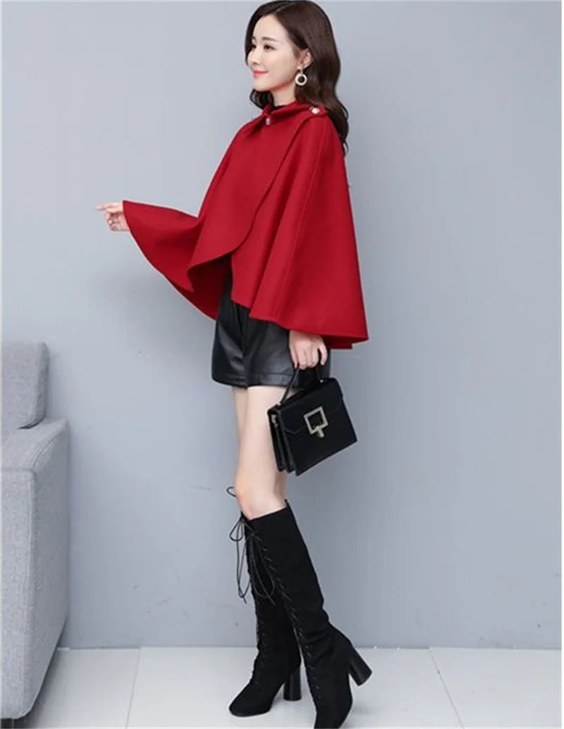 Fashion Woolen Shawl Coat For Women 2025 Autumn Winter New Woolen Jacket Short Outerwear Cape Red Black Coat Tops Female